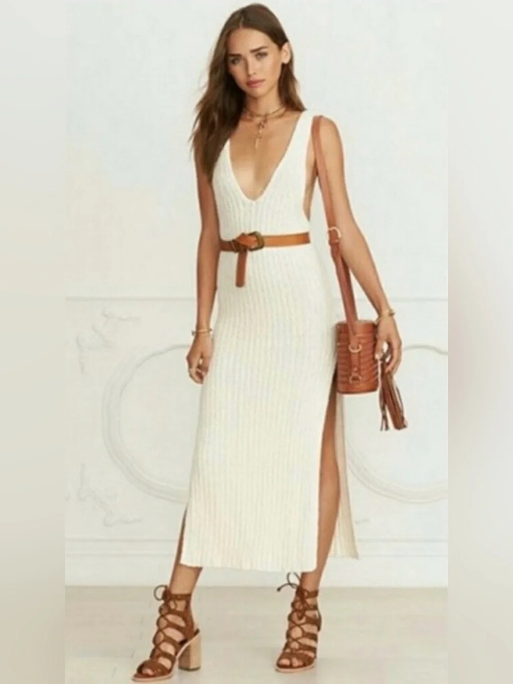 Free People Cream Ribbed Midi Tank Sweater Dress